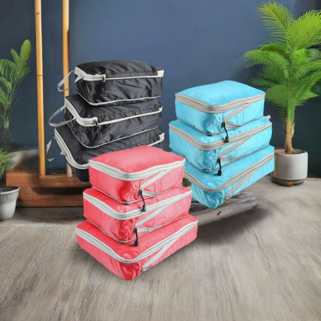 3 pieces Compressible Packing Travel Storage Bag Cubes Waterproof Suitcase Nylon Portable With Handbag Luggage Organizer
