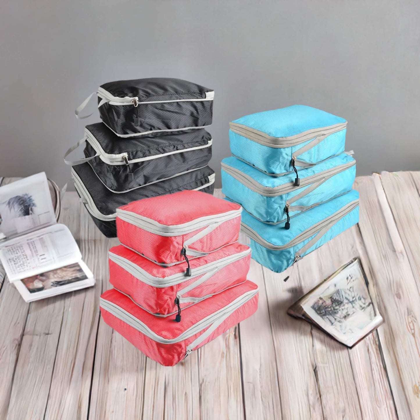 3 pieces Compressible Packing Travel Storage Bag Cubes Waterproof Suitcase Nylon Portable With Handbag Luggage Organizer
